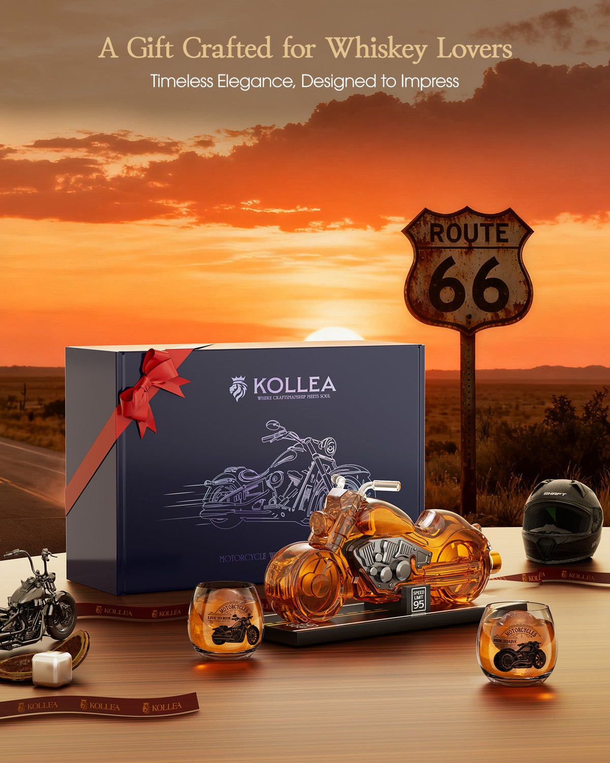 Sukiki Motorcycle Whiskey Decanter Gift Set with 2 Glasses