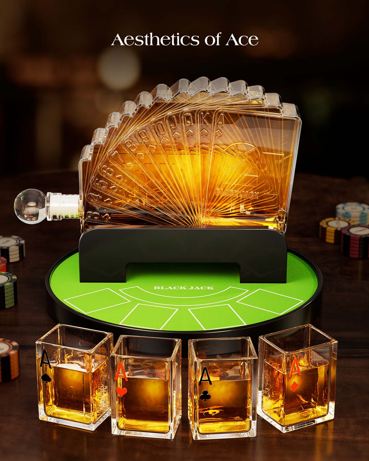 Sukiki Blackjack 37.2 Oz Whiskey Decanter Set with 4 Ace Glasses