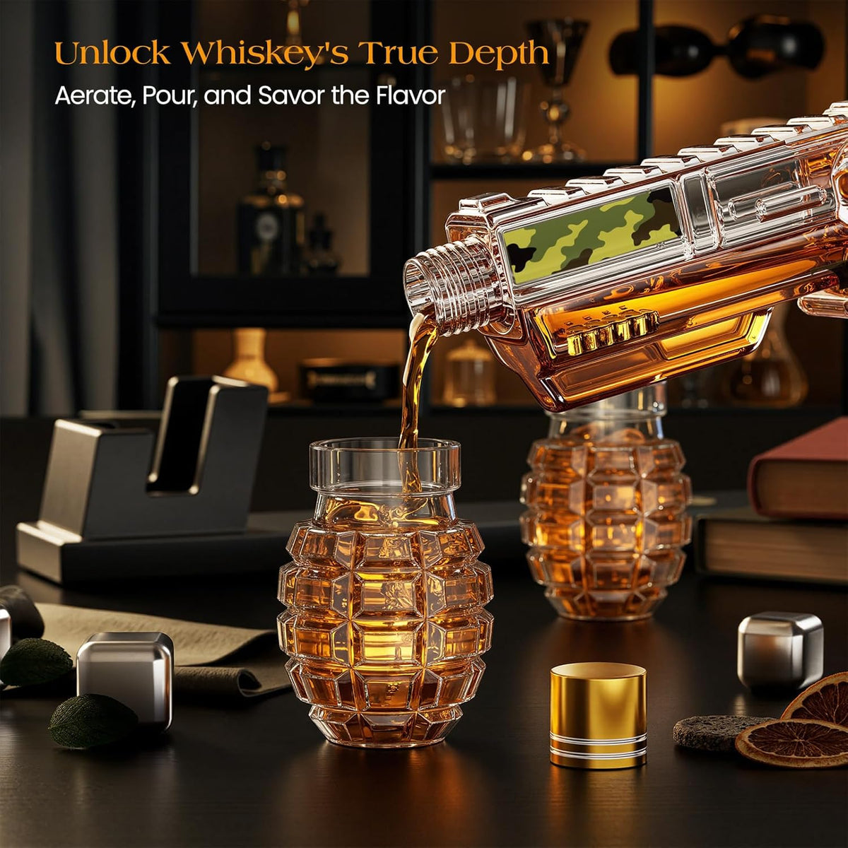 Sukiki Camouflage Whiskey Decanter Sets with Grenade Shot Glasses
