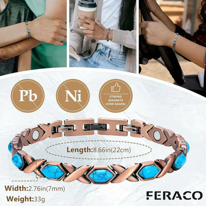 Ladies Copper Magnetic Bracelet - turquoise hearts