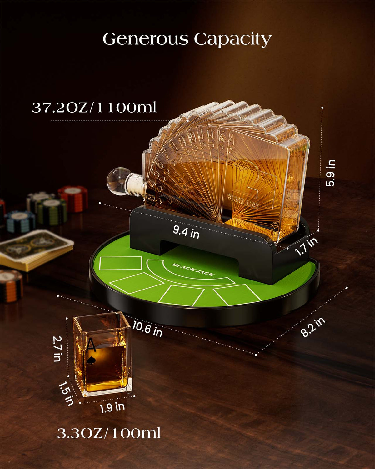Sukiki Blackjack 37.2 Oz Whiskey Decanter Set with 4 Ace Glasses