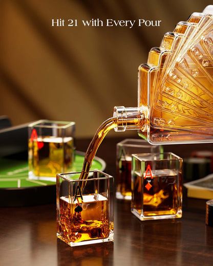 Sukiki Blackjack 37.2 Oz Whiskey Decanter Set with 4 Ace Glasses