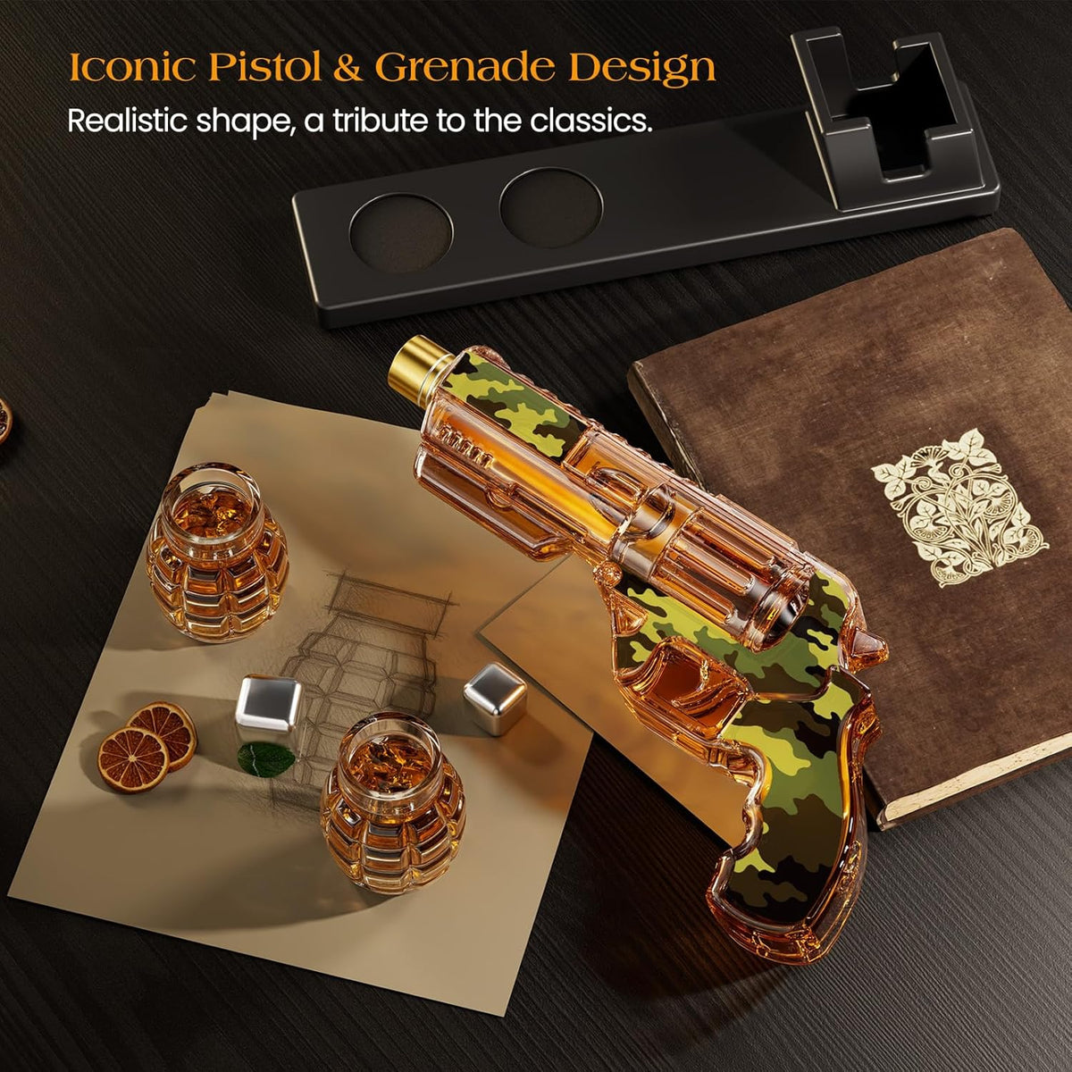 Sukiki Camouflage Whiskey Decanter Sets with Grenade Shot Glasses