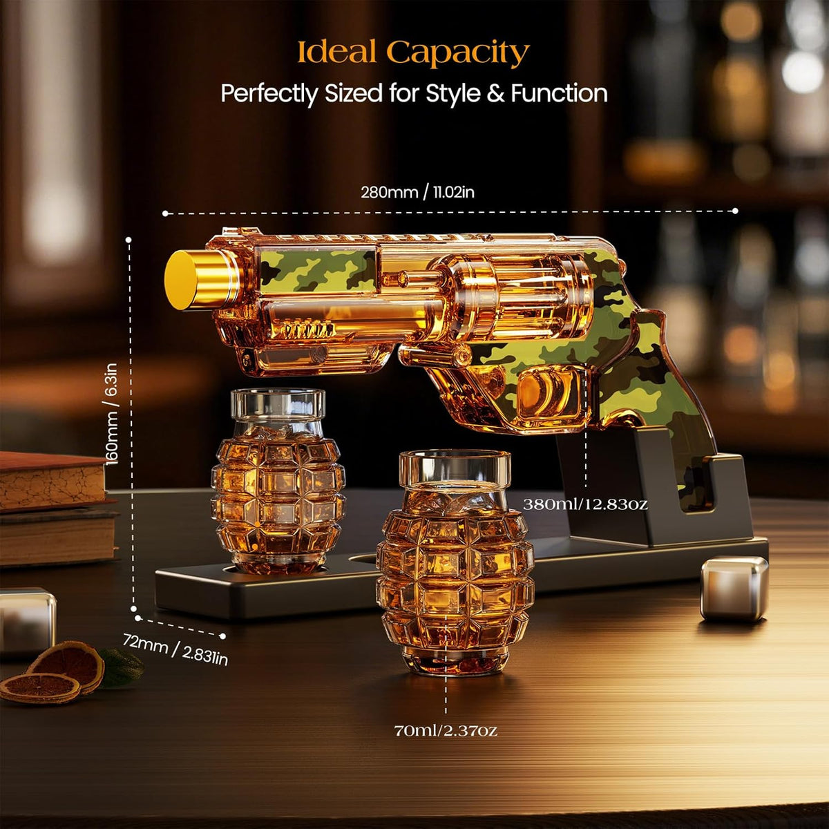 Sukiki Camouflage Whiskey Decanter Sets with Grenade Shot Glasses