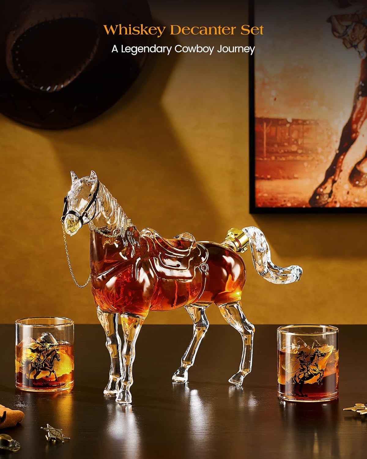 Sukiki Horse Whiskey Decanter Set with 2 Cowboy Glasses