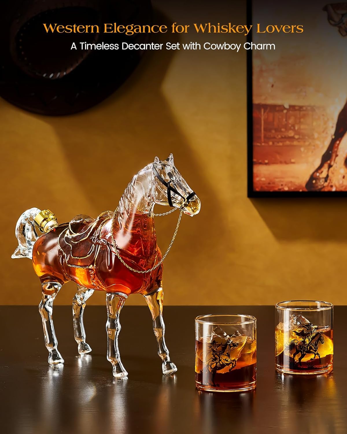 Sukiki Horse Whiskey Decanter Set with 2 Cowboy Glasses