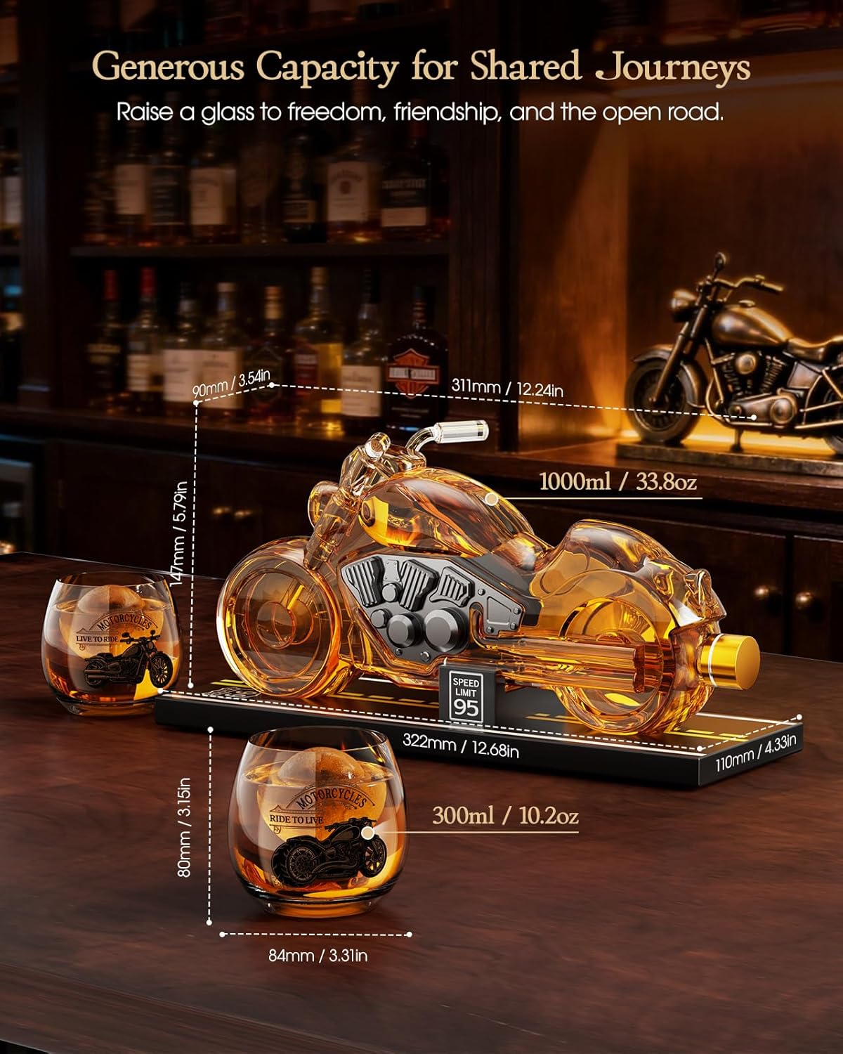 Sukiki Motorcycle Whiskey Decanter Gift Set with 2 Glasses